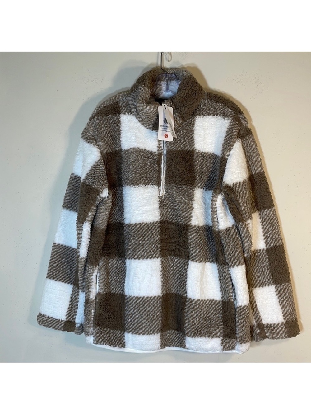 MEROKEETY Classic Plaid Half Zip Sherpa Top. Small. NWT. - Picture 2 of 13
